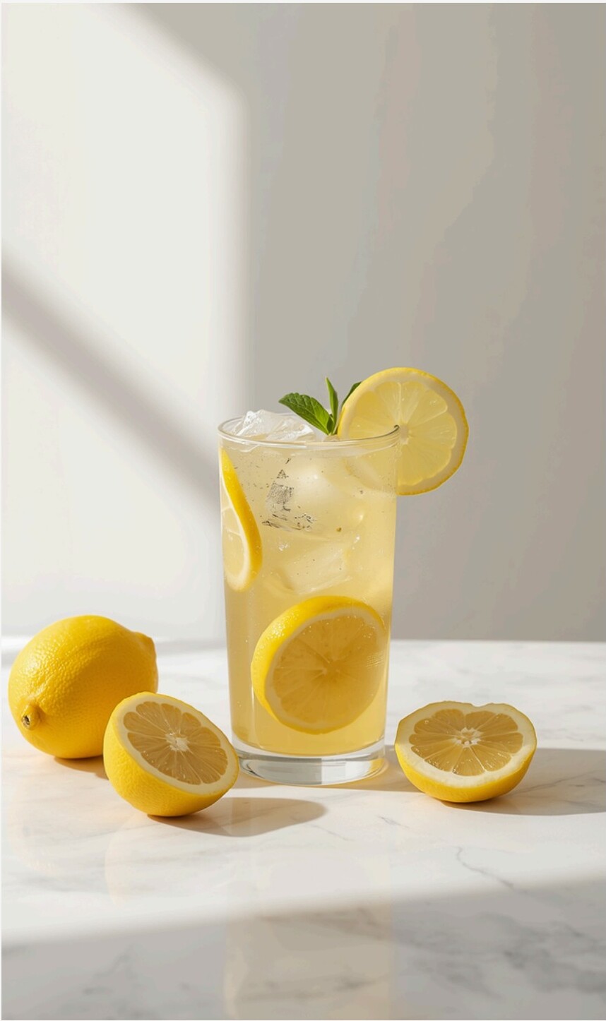 A tall glass of fresh iced lemon tea with mint and lemon slices on a marble counter
